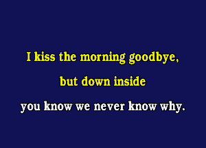I kiss the morning goodbye,
but down inside

you know we never know why.
