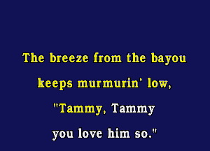 The breeze from the bayou

keeps murmurin' low,
Tammy. Tammy

you love him so.