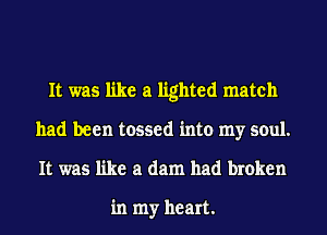 It was like a lighted match
had been tossed into my soul.
It was like a dam had broken

in my heart.