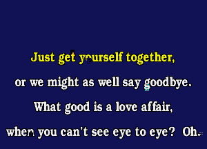 Just get ynurself together.
or we might as well say goodbye.
What good is a love affair.

when you can't see eye to eye? on.