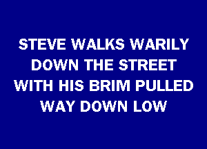 STEVE WALKS WARILY
DOWN THE STREET
WITH HIS BRIM PULLED
WAY DOWN LOW