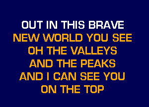 OUT IN THIS BRAVE
NEW WORLD YOU SEE
0H THE VALLEYS
AND THE PEAKS
AND I CAN SEE YOU
ON THE TOP