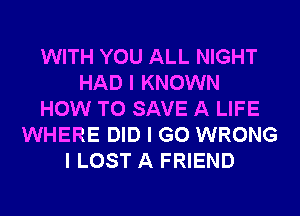 WITH YOU ALL NIGHT
HAD I KNOWN
HOW TO SAVE A LIFE
WHERE DID I GO WRONG
I LOST A FRIEND