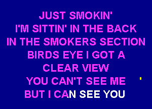 JUST SMOKIN'

I'M SITTIN' IN THE BACK
IN THE SMOKERS SECTION
BIRDS EYE I GOT A
CLEAR VIEW
YOU CAN'T SEE ME '

BUT I CAN SEE YOU