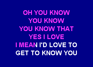 0H YOU KNOW
YOU KNOW
YOU KNOW THAT

YES I LOVE
I MEAN I'D LOVE TO
GET TO KNOW YOU