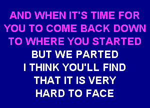 AND WHEN IT'S TIME FOR
YOU TO COME BACK DOWN
TO WHERE YOU STARTED
BUT WE PARTED
I THINK YOU'LL FIND
THAT IT IS VERY
HARD TO FACE