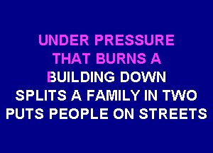 UNDER PRESSURE
THAT BURNS A
BUILDING DOWN
SPLITS A FAMILY IN TWO
PUTS PEOPLE 0N STREETS