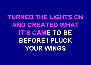 TURNED THE LIGHTS ON
AND CREATED WHAT
ITS CAME TO BE
BEFORE I PLUCK
YOUR WINGS