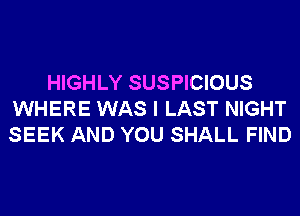 HIGHLY SUSPICIOUS
WHERE WAS I LAST NIGHT
SEEK AND YOU SHALL FIND