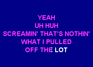 YEAH
UH HUH

SCREAMIN' THAT'S NOTHIN'
WHAT I PULLED
OFF THE LOT