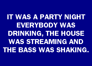 IT WAS A PARTY NIGHT
EVERYBODY WAS
DRINKING, THE HOUSE
WAS STREAMING AND
THE BASS WAS SHAKING.