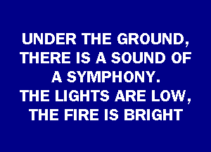 UNDER THE GROUND,
THERE IS A SOUND OF
A SYMPHONY.
THE LIGHTS ARE LOW,
THE FIRE IS BRIGHT