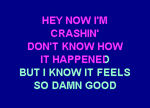 HEY NOW I'M
CRASHIN'
DON'T KNOW HOW
IT HAPPENED
BUT I KNOW IT FEELS
SO DAMN GOOD