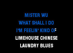 MISTER WU
WHAT SHALL I DO

I'M FEELIH' KIND OF
LIMEHOUSE CHINESE
LAUNDRY BLUES
