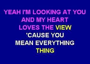 YEAH I'M LOOKING AT YOU
AND MY HEART
LOVES THE VIEW
'CAUSE YOU
MEAN EVERYTHING
THING