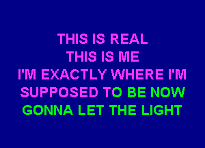 THIS IS REAL
THIS IS ME
I'M EXACTLY WHERE I'M
SUPPOSED TO BE NOW
GONNA LET THE LIGHT