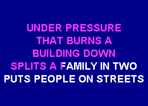 UNDER PRESSURE
THAT BURNS A
BUILDING DOWN
SPLITS A FAMILY IN TWO
PUTS PEOPLE 0N STREETS