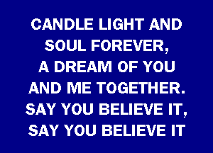 CANDLE LIGHT AND
SOUL FOREVER,

A DREAM OF YOU
AND ME TOGETHER.
SAY YOU BELIEVE IT,
SAY YOU BELIEVE IT