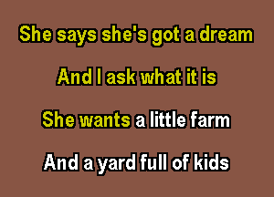 She says she's got a dream

And I ask what it is

She wants a little farm

And a yard full of kids