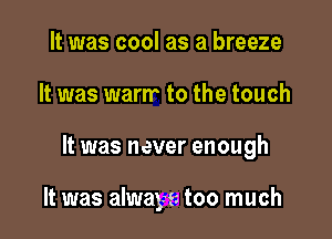 It was cool as a breeze

It was warm to the touch

It was never enough

It was always too much