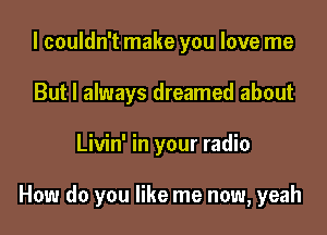 I couldn't make you love me
But I always dreamed about

Livin' in your radio

How do you like me now, yeah