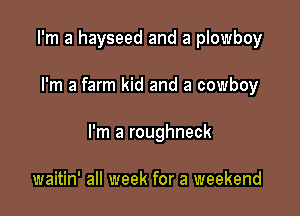 I'm a hayseed and a plowboy

I'm a farm kid and a cowboy

I'm a roughneck

waitin' all week for a weekend