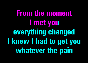 From the moment
I met you
everything changed
I knew I had to get you

whatever the pain I