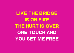 LIKE THE BRIDGE
IS ON FIRE
THE HURT IS OVER
ONE TOUCH AND
YOU SET ME FREE

g