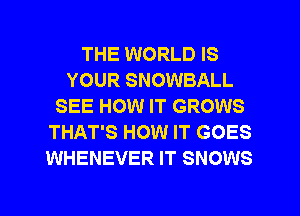 THE WORLD IS
YOUR SNOWBALL
SEE HOW IT GROWS
THAT'S HOW IT GOES
WHENEVER IT SNOWS