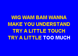 WIG WAM BAM WANNA
MAKE YOU UNDERSTAND
TRY A LITTLE TOUCH
TRY A LITTLE TOO MUCH