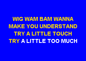 WIG WAM BAM WANNA
MAKE YOU UNDERSTAND
TRY A LITTLE TOUCH
TRY A LITTLE TOO MUCH