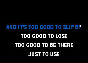 AND IT'S T00 GOOD TO SLIP BY
T00 GOOD TO LOSE
T00 GOOD TO BE THERE
JUST TO USE