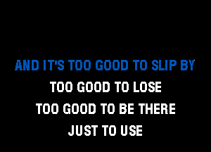 AND IT'S T00 GOOD TO SLIP BY
T00 GOOD TO LOSE
T00 GOOD TO BE THERE
JUST TO USE