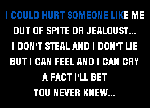 I COULD HURT SOMEONE LIKE ME
OUT OF SPITE 0R JEALOUSY...

I DON'T STEAL MID I DON'T LIE
BUTI CAN FEEL MID I CAN CRY
A FACT I'LL BET
YOU EVER KNEW...