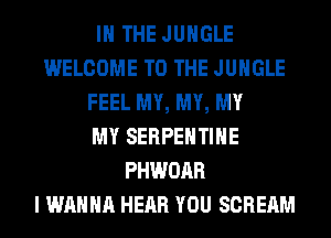 IN THE JUNGLE
WELCOME TO THE JUNGLE
FEEL MY, MY, MY
MY SERPEHTIHE
PHWOAR
I WANNA HEAR YOU SCREAM