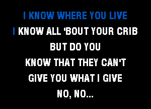 I KNOW WHERE YOU LIVE
I KNOW ALL 'BOUT YOUR CRIB
BUT DO YOU
KN 0W THAT THEY CAN'T
GIVE YOU WHAT I GIVE
H0, H0...