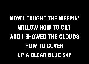 HOW I TAUGHT THE WEEPIH'
WILLOW HOW TO CRY
AND I SHOWED THE CLOUDS
HOW TO COVER
UP A CLEAR BLUE SKY
