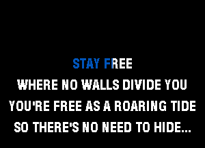 STAY FREE
WHERE H0 WALLS DIVIDE YOU
YOU'RE FREE AS A ROARIHG TIDE
SO THERE'S NO NEED TO HIDE...