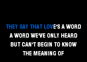 THEY SAY THAT LOVE'S A WORD
A WORD WE'VE ONLY HEARD
BUT CAN'T BEGIN TO KNOW

THE MEANING OF
