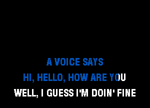 A VOICE SAYS
HI, HELLO, HOW ARE YOU
WELL, I GUESS I'M DOIH' FIHE