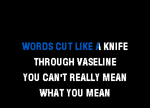 WORDS OUT LIKE A KNIFE
THROUGH VASELINE
YOU CAN'T REALLY MEAN
WHAT YOU MEAN