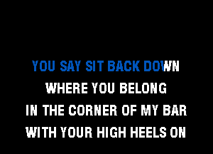 YOU SAY SIT BACK DOWN
WHERE YOU BELONG
IN THE CORNER OF MY BAR
WITH YOUR HIGH HEELS 0H