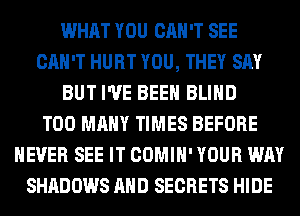 WHAT YOU CAN'T SEE
CAN'T HURT YOU, THEY SAY
BUT I'VE BEEN BLIND
TOO MANY TIMES BEFORE
NEVER SEE IT COMIH' YOUR WAY
SHADOWS AND SECRETS HIDE