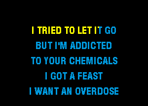 I TRIED TO LET IT GO
BUT I'M ADDICTED
TO YOUR CHEMICALS
I GOT A FEAST

I WANT AH OVERDOSE l