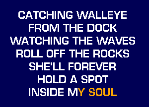 CATCHING WALLEYE
FROM THE DOCK
WATCHING THE WAVES
ROLL OFF THE ROCKS
SHE'LL FOREVER
HOLD A SPOT
INSIDE MY SOUL