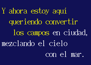 Y ahora estoy aqui
queriendo convertir
los campos en Ciudad,
mezclando el Cielo
con el mar.