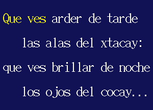 Que ves arder de tarde
las alas del xtacayi
que ves brillar de noche

los ojos del cocay...