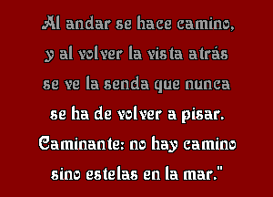 Al andar se hace camino,
y al volver la vista atras
se ve la senda que nunca
se ha de volver a pisar.
Gaminantm no hay camino

sine estelas en la mar.