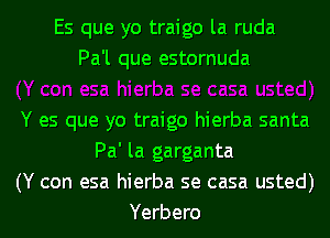 Es que yo traigo la ruda
Pa'l que estornuda

Y es que yo traigo hierba santa
Pa' la garganta
(Y con esa hierba se casa usted)
Yerbero