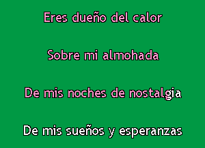 Eres duer'io del calor
Sobre mi almohada
De mis noches de nostalgia

De mis suer'ios y esperanzas